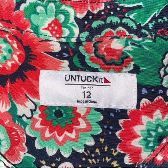 Untuckit Size 12 Floral Green and Red Midi Dress Button Up Short Sleeve - Picture 4 of 8
